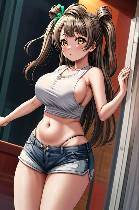 Masterpiece, best quality, cowboy shot, minami kotori, oversize tank top,(sideboobs:1.1), white hot shorts,thicc stomach and hips),big breasts,standing