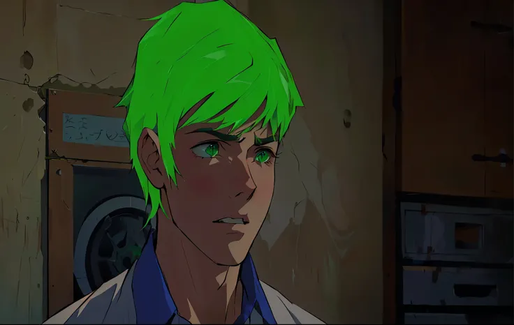 cute 16 year old green hair green eyes he is scared sad bewildered he is in shock 