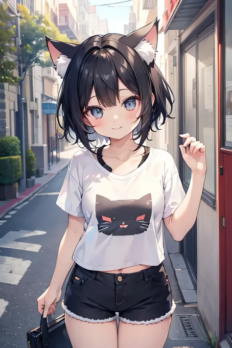 highest quality、Small breasts、Cat ear、Short black hair、Iris、Cropped T-shirt、Shorts、smile