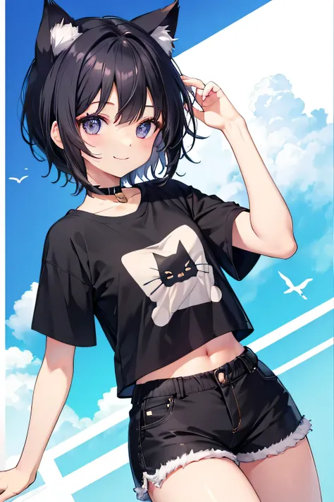 highest quality、Small breasts、Cat ear、Short black hair、Iris、Cropped T-shirt、Shorts、smile