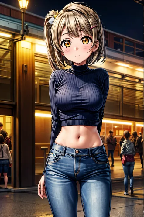 kotori minami, night, train station, tight jeans pants,sweater top,arms behind back, short hair, hair ornament, crotch lines, up...