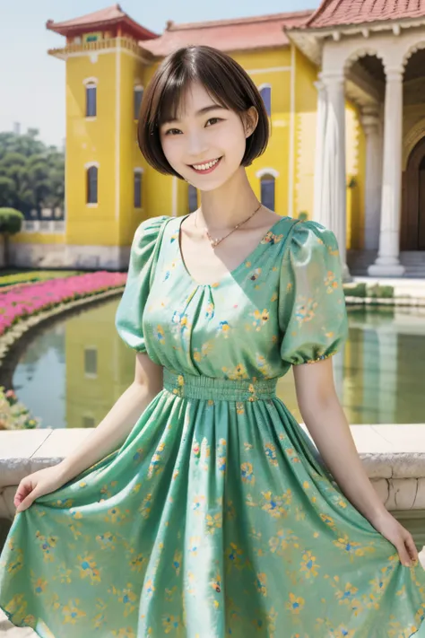 217 Short Hair, 20-year-old woman, A kind smile, Floral, (Colorful Dresses, Luxury palace)