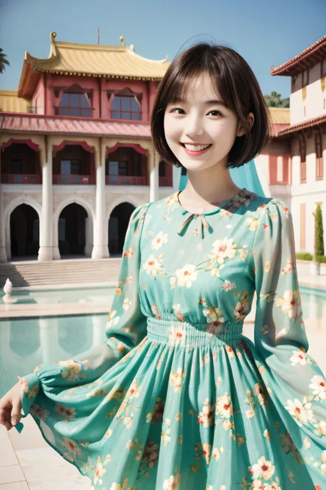 217 Short Hair, 20-year-old woman, A kind smile, Floral, (Colorful Dresses, Luxury palace)