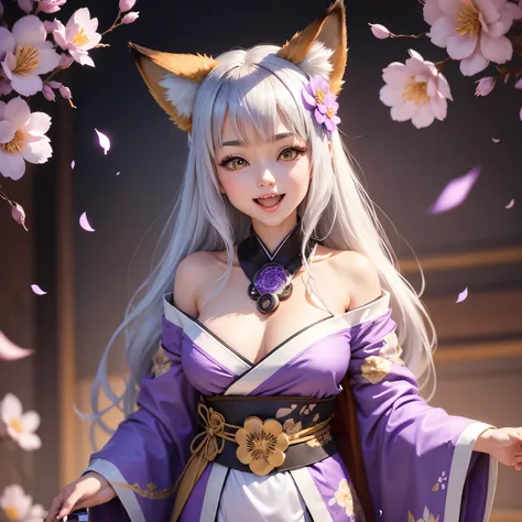 Fox Ears　Fox Tail　A girl　Golden Eyes　Silver Hair　Purple kimono with floral pattern　Ultra-realistic　Laughing with your mouth open　　Small breasts　　Hide your skin　Modest　Big fox in the background