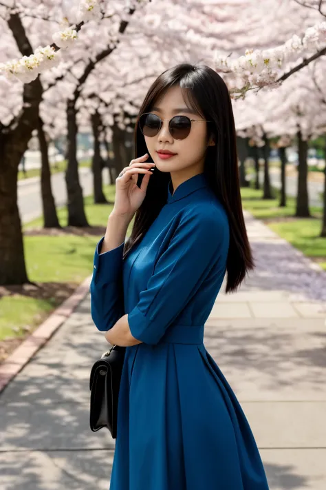 uhd, high quality, highres, 8k，wearing a blue dress、araffe lady wearing sunglasses standing under the tree, cherry blossoms seas...