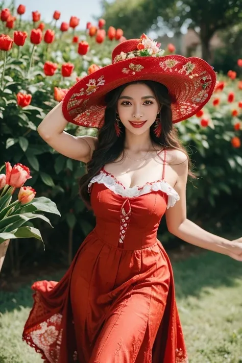 A woman in a red flower dress and hat dancing., Ella es Mexicana, Mexican, skull, melee, catrina Hermosa mujer Mexicana, Vaquero Mexicano, 8k)), Inspired by Sim Sa Jung, Folclore Mexicano, Folklore, traditional suit, wear a hat, tulip background, sexy, smi...