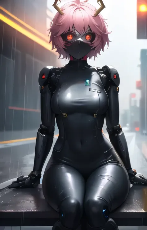 front, 1girl, pink hair, short pink hair, bright pink skin, black sclera, small horns (yellow), cyberpunk mask, medium breasts, ...