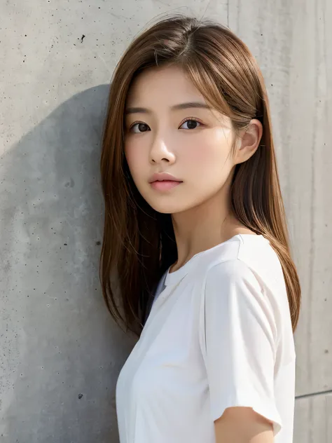 White shirt,Concrete wall with plain background,Light Brown Hair,Realistic skin texture,Slightly rough skin,Cute face,Japanese woman in her 20s,Medium chest-length hair