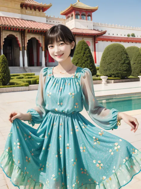 217 Short Hair, 20-year-old woman, A kind smile, Floral, (Colorful Dresses, Luxury palace)