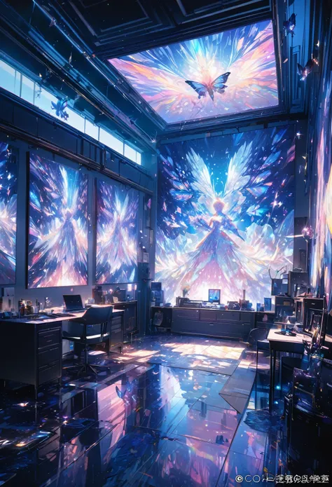 best quality, super fine, 16k, incredibly absurdres, extremely detailed, delicate, flashy and dynamic depiction, room with fine prisms covering the floor, walls, and ceiling, shining light, diffused reflection, bright blue butterfly projected by hologram, ...