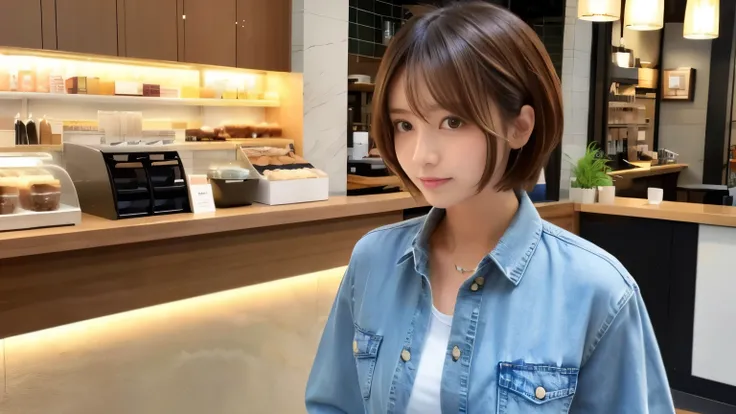 super high quality, Fashion Model, Short Hair, Slender, The staff is working at the counter in the back., (8k、RAW Photos、highest quality、masterpiece:1.2), Japanese Idol, Serious expression, Shaggy, Brown Hair, Stylish café, Fashion magazine shooting, (Real...