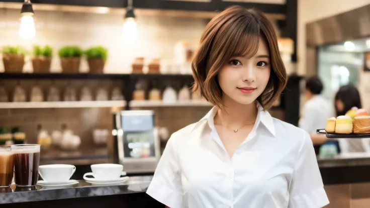 super high quality, Fashion Model, Short Hair, Slender, The staff is working at the counter in the back., (8k、RAW Photos、highest quality、masterpiece:1.2), Japanese Idol, Serious expression, Shaggy, Brown Hair, Stylish café, Fashion magazine shooting, (Real...