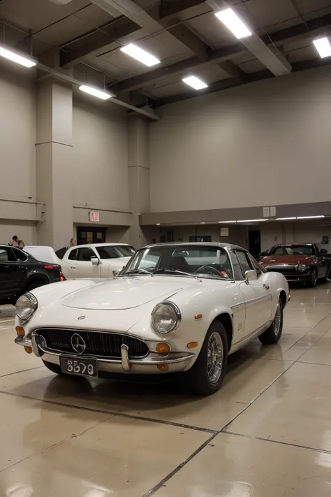 make a large cafeteria where in the center there is a classic sports car from the 70&#39;s that people are looking at the car and eating a hamburger and in the back a car workshop with people working on a classic car 