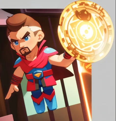 the fine original artwork, the ultra-clear texture of the man,brushstrokes, 2.5d cartoon, Levitating in the air, Dr Strange, looking at the camera with his eyes open and his hands raised, raising his hands to cast a circle of light in his hands Dr Strang...