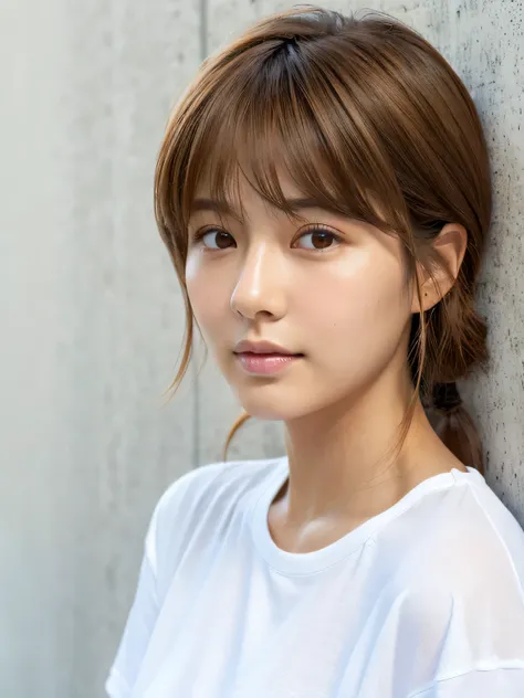 White shirt,Concrete wall with plain background,Light Brown Hair,Realistic skin texture,Slightly rough skin,Cute face,Japanese woman in her 20s,