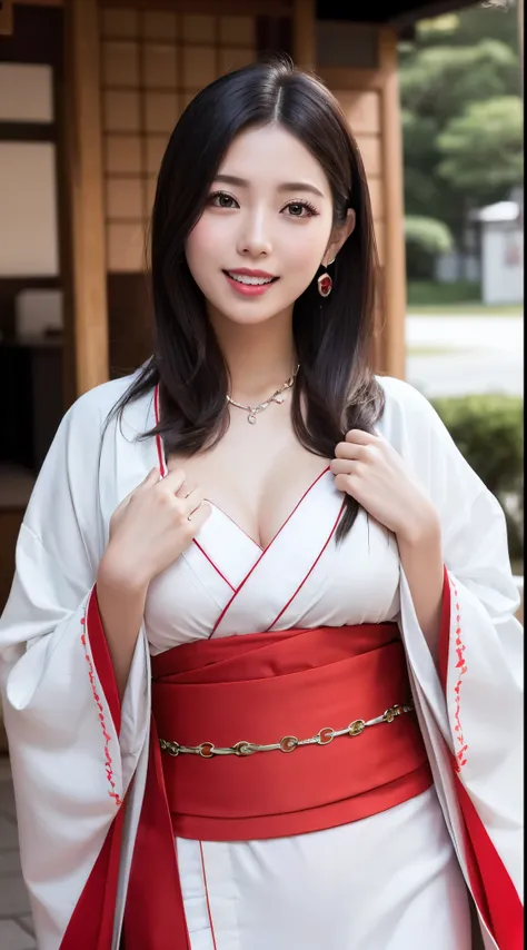 Pieces fly, highest quality, Realistic, finely, High resolution, 8k wallpaper, Perfect dynamic composition, Sharp focus, Surreal, Beautiful and detailed, Medium Hair, Big and ample breasts, Random sexy poses, Chest to Chest, (赤と白のLong-sleeved kimono,,(Red ...