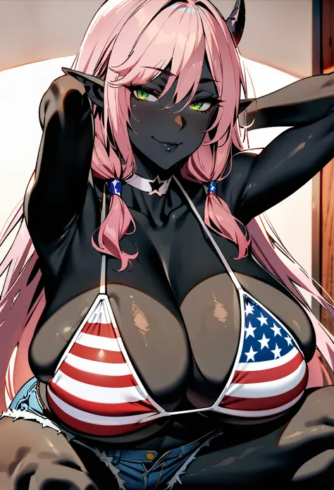 masterpiece, best quality, extremely detailed, 1girl, milf, solo, (dark skin, black skin:2), FlareArlgrande, (huge breasts:1.3), ((((pink hair), long hair, green eyes, pointy ears, demon horns))), orange lips, (((choker, bikini, american flag print bikini,...