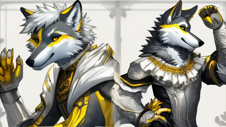 an anthropomorphic male wolf of yellow, silver and white color combination with a pose