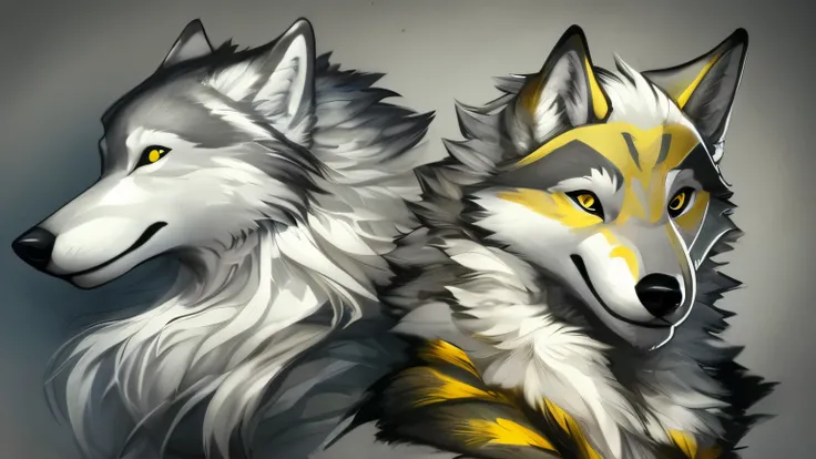 an anthropomorphic male wolf of yellow, silver and white color combination with a pose