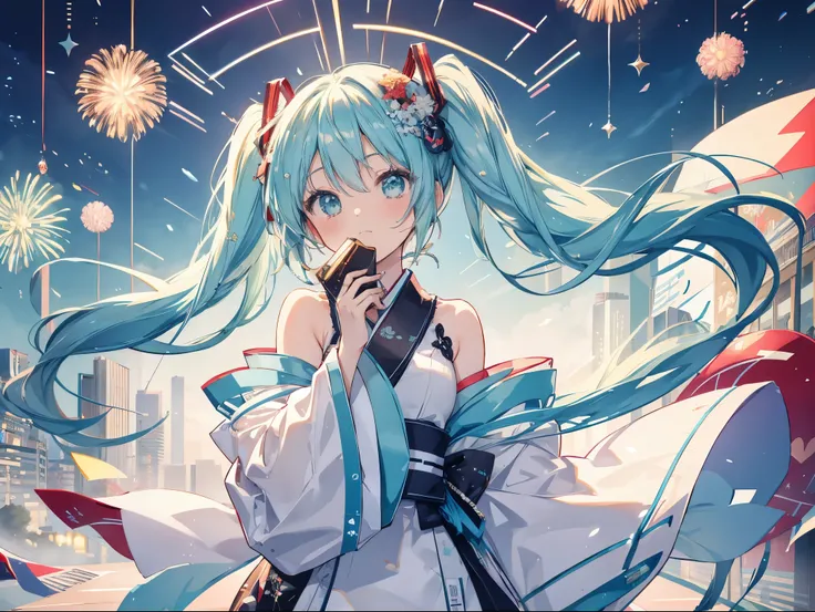 miku hatsune、New Year&#39;s visit、kimono、Beautiful poop、cute、Drawing a fortune、kimonomiku hatsune