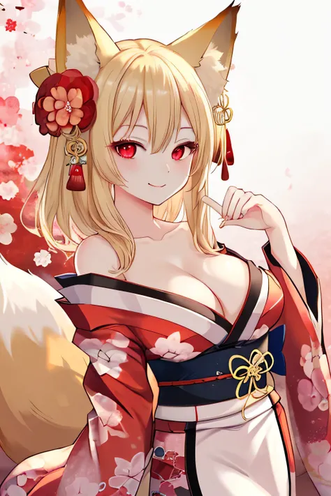 highest quality、Big Breasts、Cleavage、Fox ears、Long blonde、Red Eye、kimono、smile