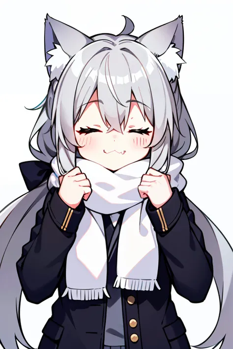 Masterpiece, Excellent, 1girl, gray hair, medium long hair, cat ears, closed eyes, looking at the audience, :3, cute, scarf, jacket, white background, fang, high quality, UHD