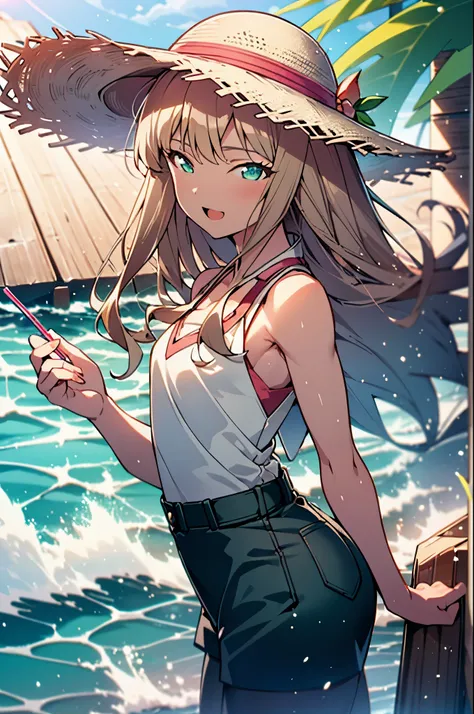 8k,highest quality,masterpiece,The seeds of a southern dream,The seeds of a southern dream　sss Dynazenon,Brown Hair,Long Hair,Green Eyes,Short braided hair,happy smile, smile, Open your mouth,Big straw hat,Sleeveless dress,Bare arms,Long skirt,Barefoot,San...