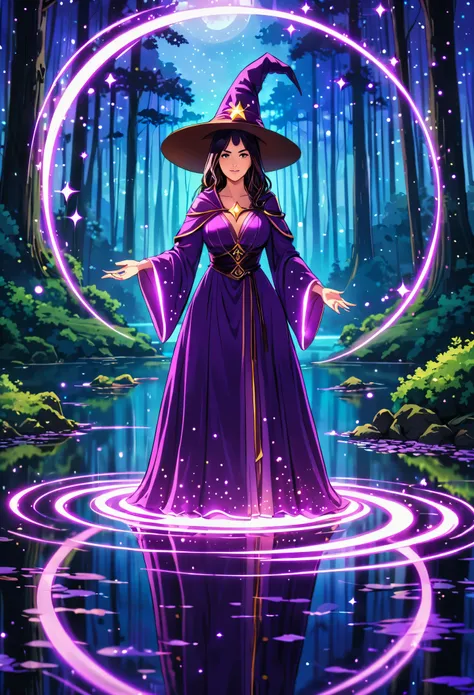 Forest background，From the front，,Spiral magic effect on the ground，glowing effect，1 Girl，Purple magic robe，Wizard Hat，curvy pose,Lake，reflection，Comic Style，