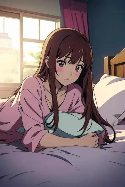 anime girl laying in bed with pillow and pillow case, anime moe artstyle, marin kitagawa fanart, ilya kuvshinov with long hair, (anime girl), anime visual of a cute girl, cute anime girl, young anime girl, pretty anime girl, in dress, seductive anime girl,...