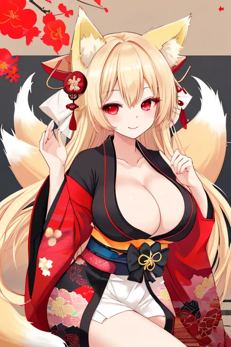 highest quality、Big Breasts、Cleavage、Fox ears、Long blonde、Red Eye、kimono、smile