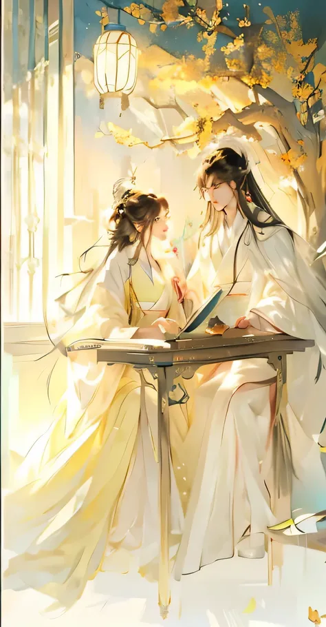 Painting of a couple sitting at the table and reading a book, author：Yang Jie, author：Cold plum, yiqiang and shurakrgt, Long flowing hair and robes, author：Li Song, by Zeng Jing, author：Fan Qi, author Wang E, palace ， Girl wearing Hanfu, Beautifully depict...