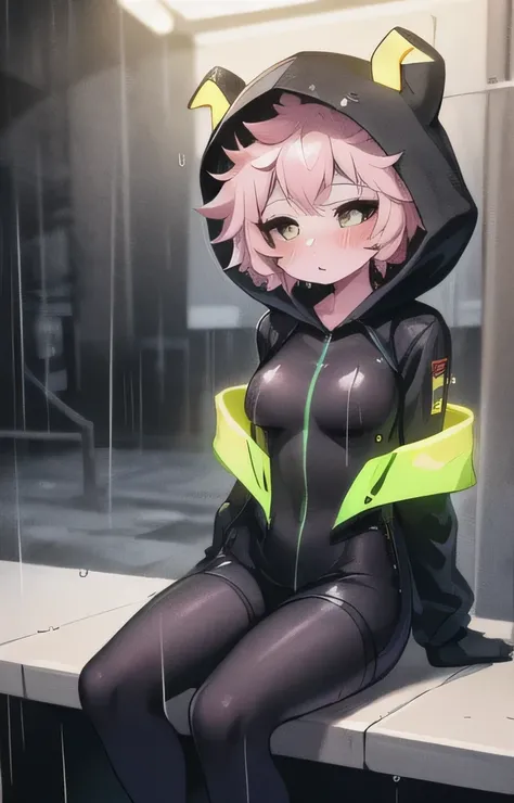 front, 1girl, pink hair, short pink hair, bright pink skin, black sclera, small horns (yellow), medium breasts, bright cyberpunk clothes, large coat with hood up, cybernetic augments, sitting on bench, crying, rain, rain drops, street dystopian atmosphere,...