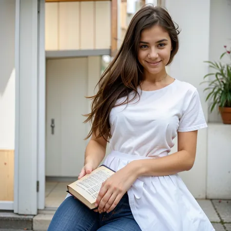 cute puppy. beautiful puppy. adorable puppy. portrait of a woman in a white dress, holding a book with delicate hands, expressin...