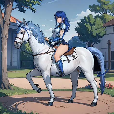 ((best quality)), ((anime masterpiece)), (detailed), 8k, perfect face, female knight, from side, long hair, female knight, (blue armor, blue miniskirt, blue boots), horseback riding, horse riding, solo, (white horse, saddle, stirups, reins: 1.5), walking: ...