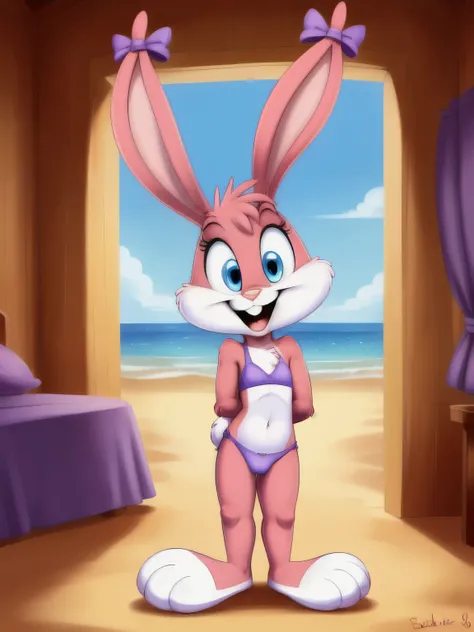 Babs, bunny, girl, standing, blue eyes, rabbit teeth, pink nose, pink body, pink head, pink ears, pink legs, white cheeks, white feet, erect ears, purple bikini, purple bows on the ears, standing, hands behind your back, mouth open, looking at viewer, youn...