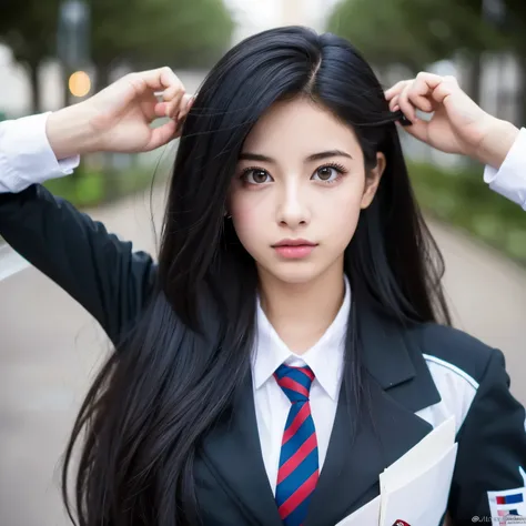 Estudiante joven mujer con uniforme de my hero academia. Pelo medio largo de color negro, ojos rojos con pecas no notorias en la cara. Linda.