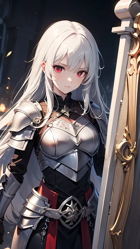 ((highest quality)), ((masterpiece)), (detailed), perfect face, (albino), knight, ((long white hair, white skin, red eyes)), (bl...