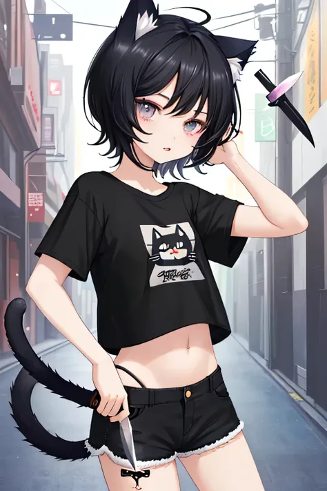 highest quality、Small breasts、Cute face、Cat ear、Short black hair、Iris、Cropped T-shirt、Shorts、Thief、Knife in right hand