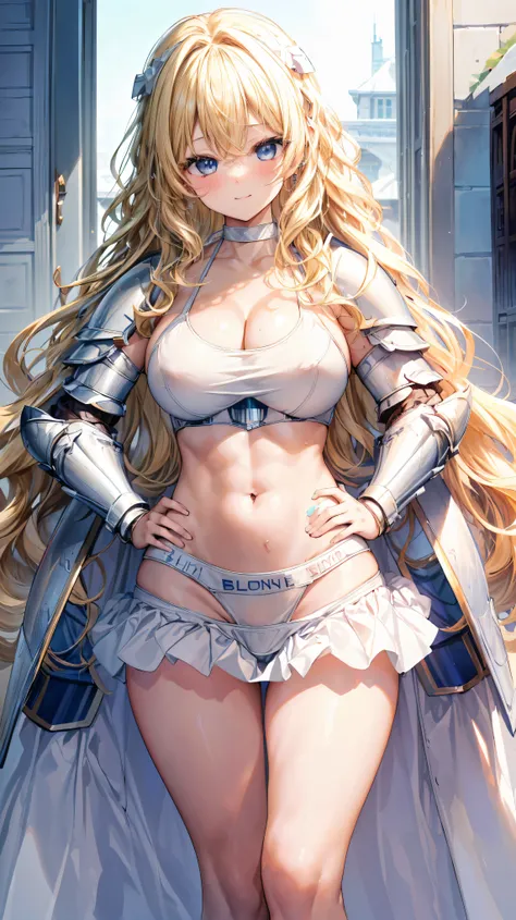 Very detailed、highest quality、Best image quality、masterpiece、8k、Anime Face、A kind smile、Open your mouth、Sparkling blue eyes、(Blonde wavy hair:1.5)、、Muscles of the whole body、Hands on hips、camisole、Thigh belt、mini skirt、(Wearing white bikini armor:1.5)、Cowb...