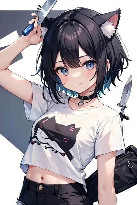 highest quality、Small breasts、Cat ear、Short black hair、Iris、Cropped T-shirt、Shorts、smile、Knife in right hand