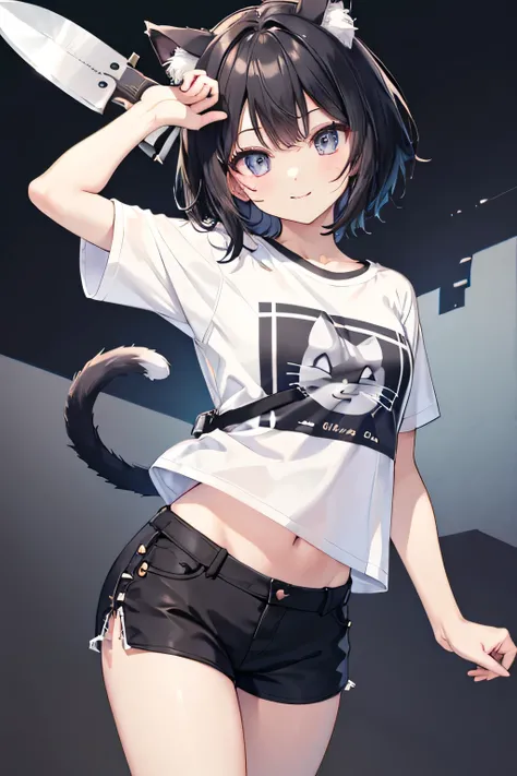 highest quality、Small breasts、Cat ear、Short black hair、Iris、Cropped T-shirt、Shorts、smile、Knife in right hand