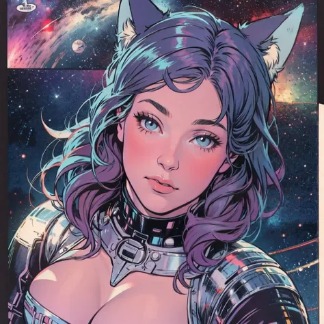 ultimate best quality,beautiful woman,speech bubble,big brest,galaxy,60s,70s,80s,colorful,cosmo,space,((wolf)),