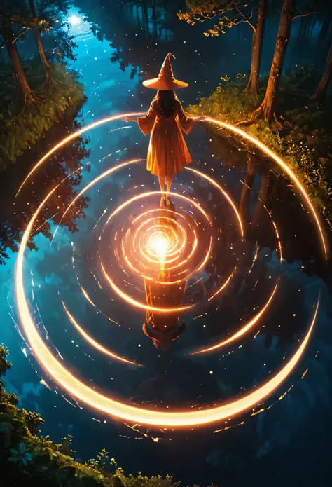 Forest background，Bird&#39;s-eye view，Panoramic view，,Spiral magic effect on the ground，glowing effect，1 Girl，Magic robes，Wizard Hat，curvy pose,Lake，reflection，Comic Style，