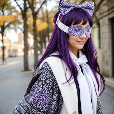 ((custom-eye-mask)), ((patterned mask)), ((patterned eye mask)), string hair ribbon, purple hair, ((realistic)), ((photorealisim...