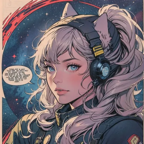 ultimate best quality,beautiful woman,speech bubble,big brest,galaxy,60s,70s,80s,colorful,cosmo,space,((wolf)),