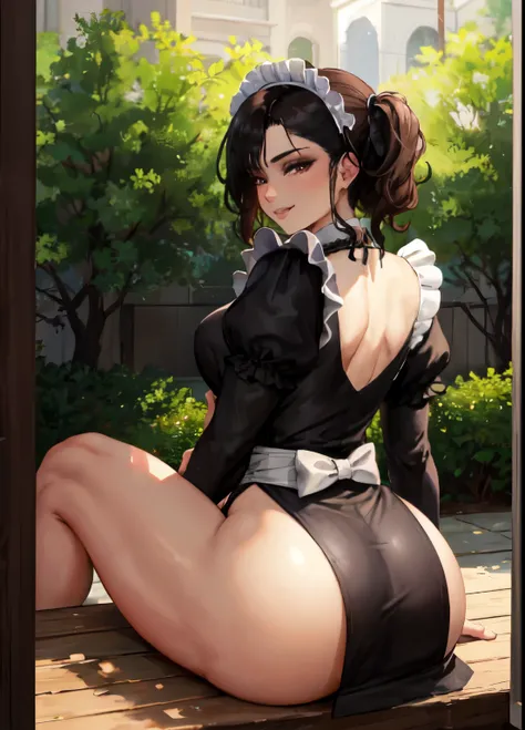 1girl, ass ,maid,victorian,shiny skin ,seductive smile,from behind,sitting,miniskirt,   (masterpiece, high quality:1.2)