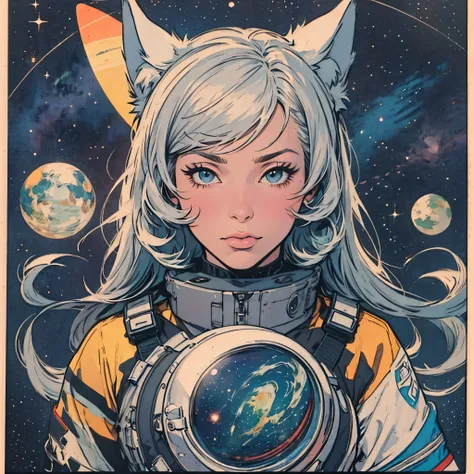 ultimate best quality,beautiful woman,speech bubble,big brest,galaxy,60s,70s,80s,colorful,cosmo,space,((wolf)),