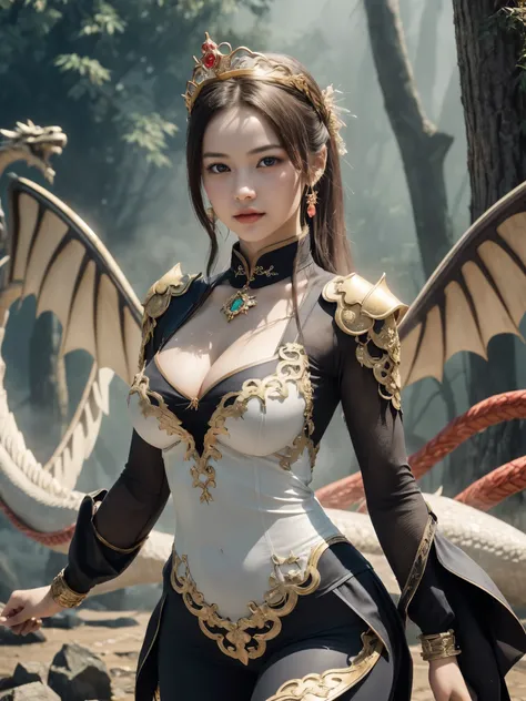 girl wearing unique qipao, BREAK, 1girl, intricate pattern long qipau, super details, detailed face, ruffle-trimmed sleeve, ming bracelet, divine fantasy building structure, glowing mist, masterpiece, high resolution, （white dragon armor), crown made of pr...