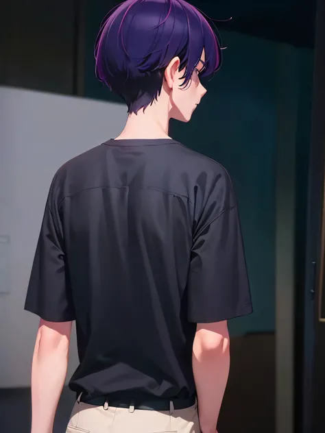 1 old man, 70 years old, short hair, purple hair,Photo from behind, facing backwards, camera angle from behind, looking away,black shirt,Short sleeves shirt,Shirts, shirts, black trousers, ultra detail, ultra HD, standing,Thin body,half body photo