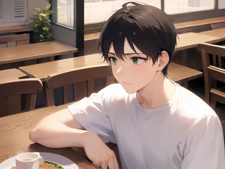 Placing hand on chin、Biologically correct five fingers、(looking away:1.5)、masterpiece、highest quality、(25-year-old male:1.5) and (Brown short hair) and (Green Eyes), White T-shirt、Sitting、sad、The background is a family restaurant、(Alone:1.5)、Upper body is ...